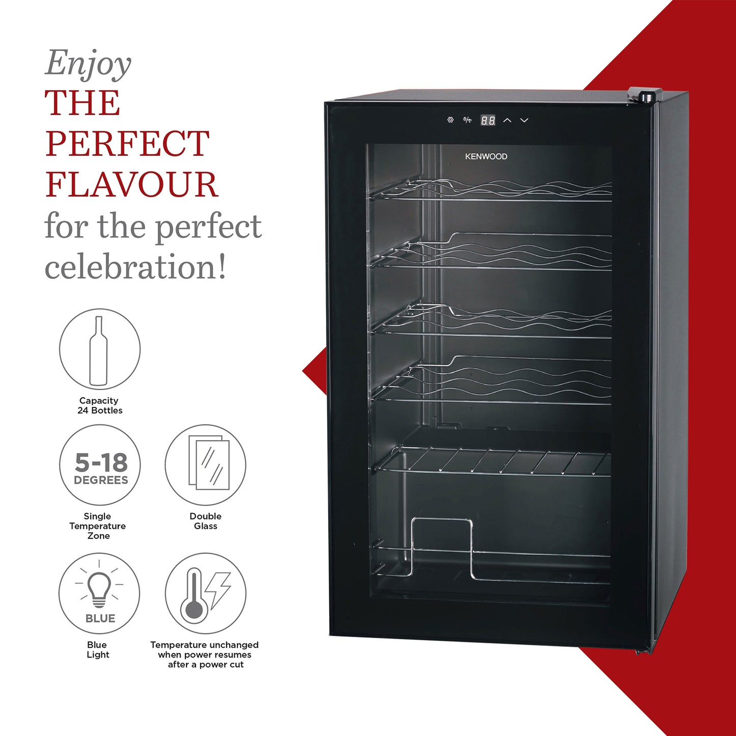 Kenwood Beverage Cooler 24 Bottles Wine Cooler Refrigerator With Double Glass Door, Blue Light, Smart Temperature Control BCM24.000BK Black