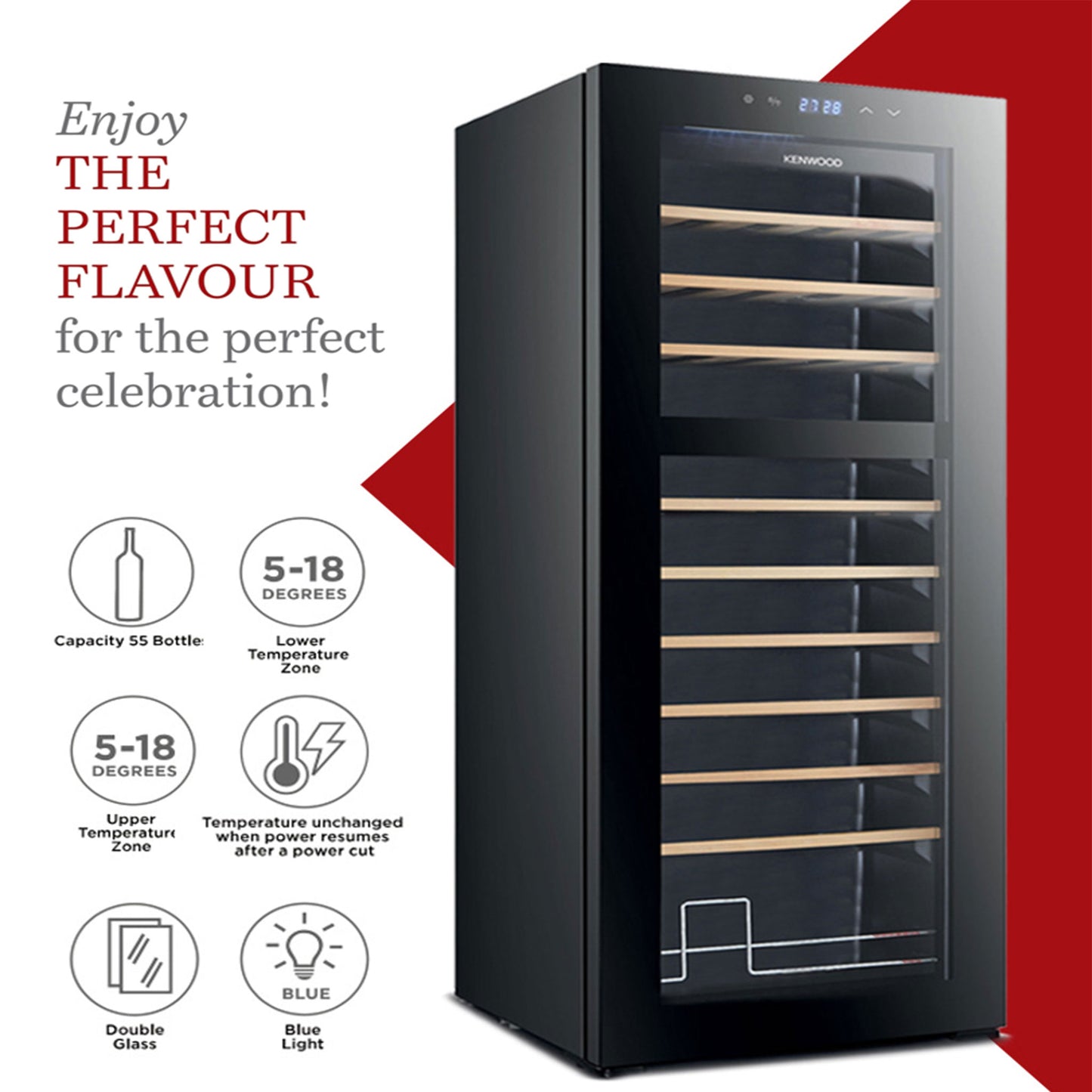 Kenwood Beverage Cooler 55 Bottles Cooler Refrigerator With Double Glass Door, Blue Light, Smart Temperature Control BCW55.000BK Black