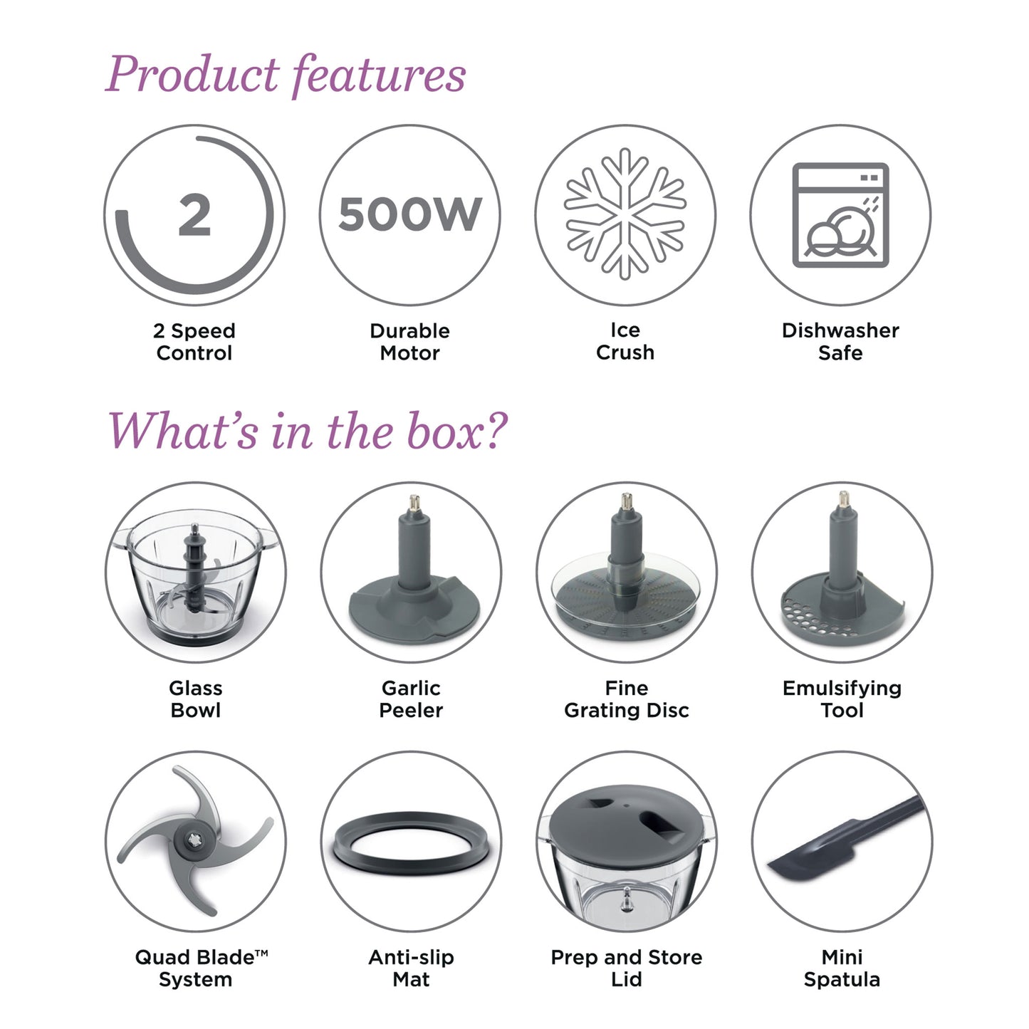 Kenwood CHP62 Series Glass Bowl Mini Chopper – Powerful 500 W Electric Food Processor | Models CHP62.470SI & CHP62.700SI