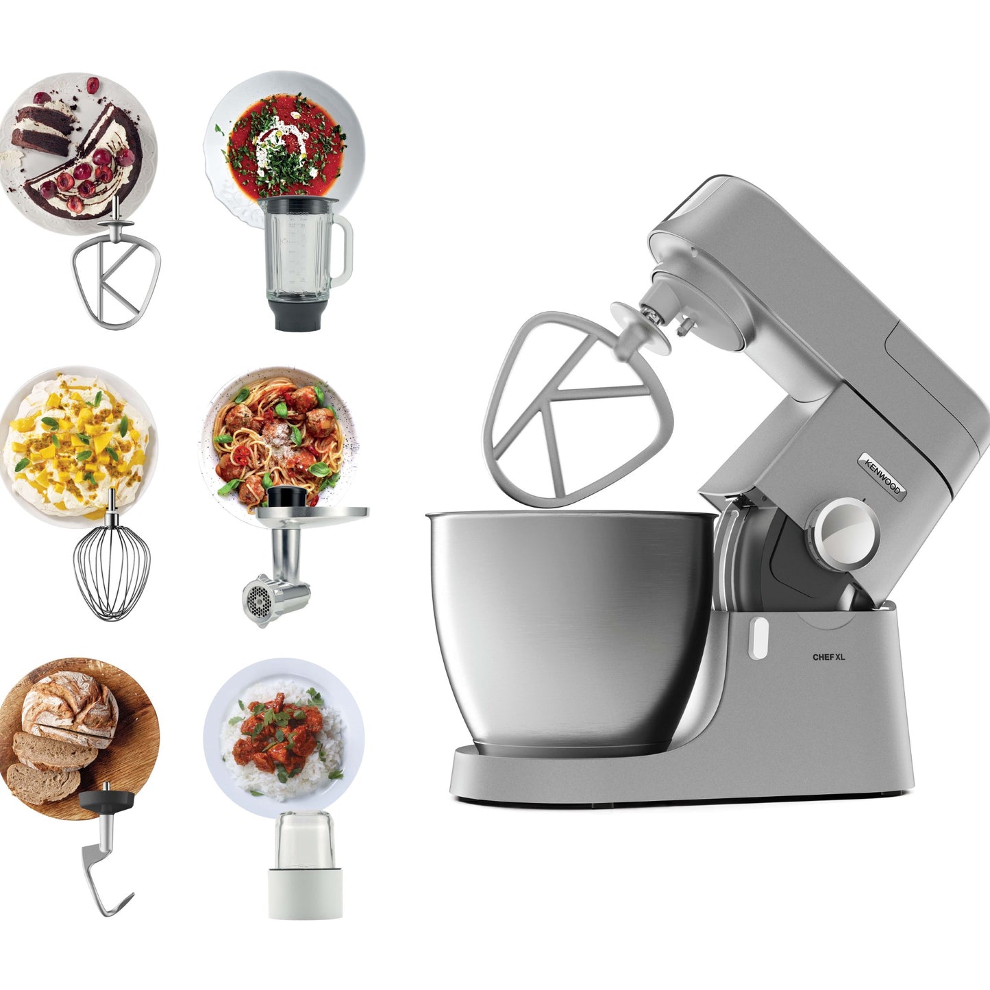 KENWOOD Stand Mixer Kitchen Machine Metal Body CHEF XL 1200W with 6.7L Stainless Steel Bowl, K-Beater, Whisk, Dough Hook, Glass Blender, Meat Grinder, Multi Mill KVL4230S Silver