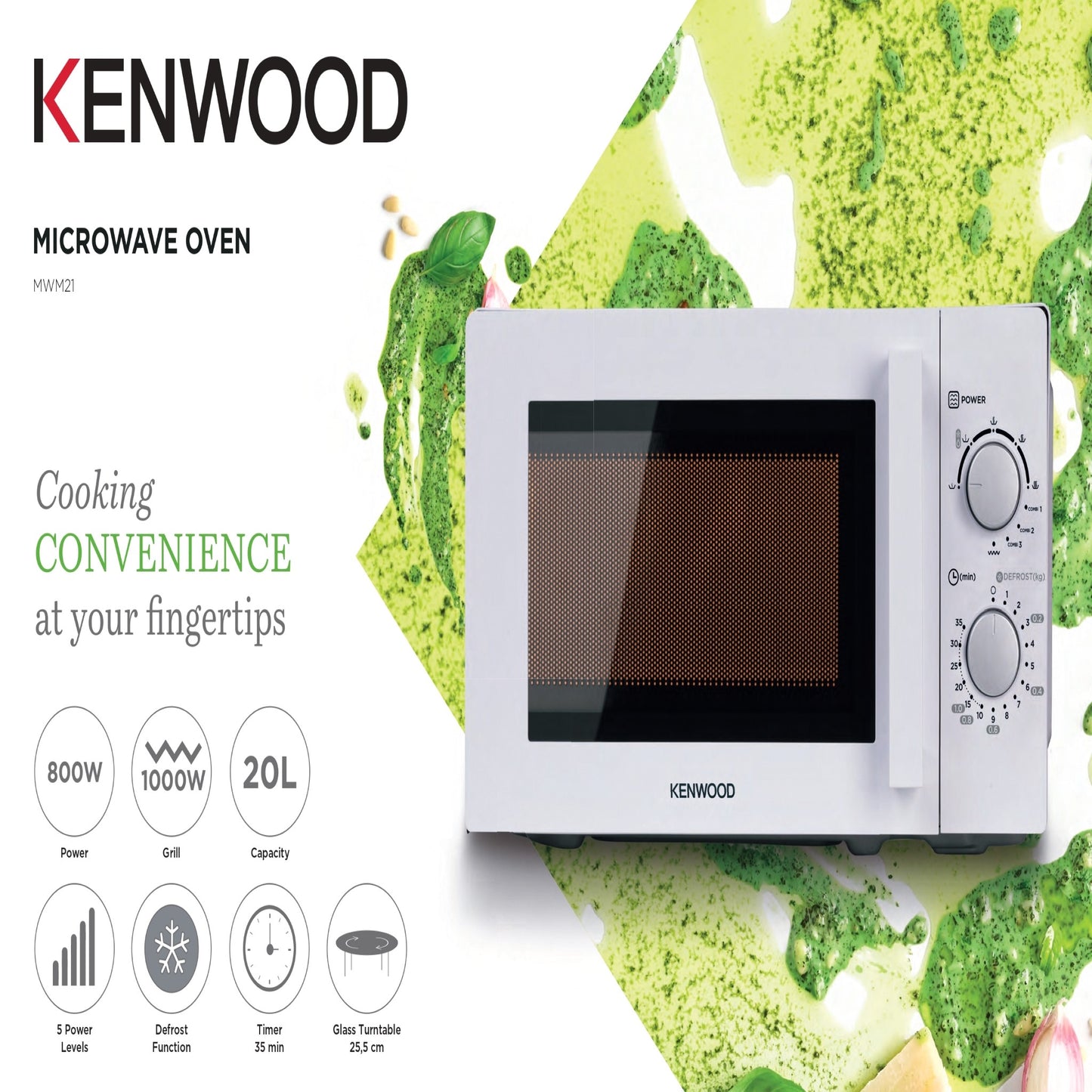 Kenwood 20L Microwave Oven With Grill, 5 Power Levels, Defrost Function, 35 Minutes Timer 800W MWM21.000WH White