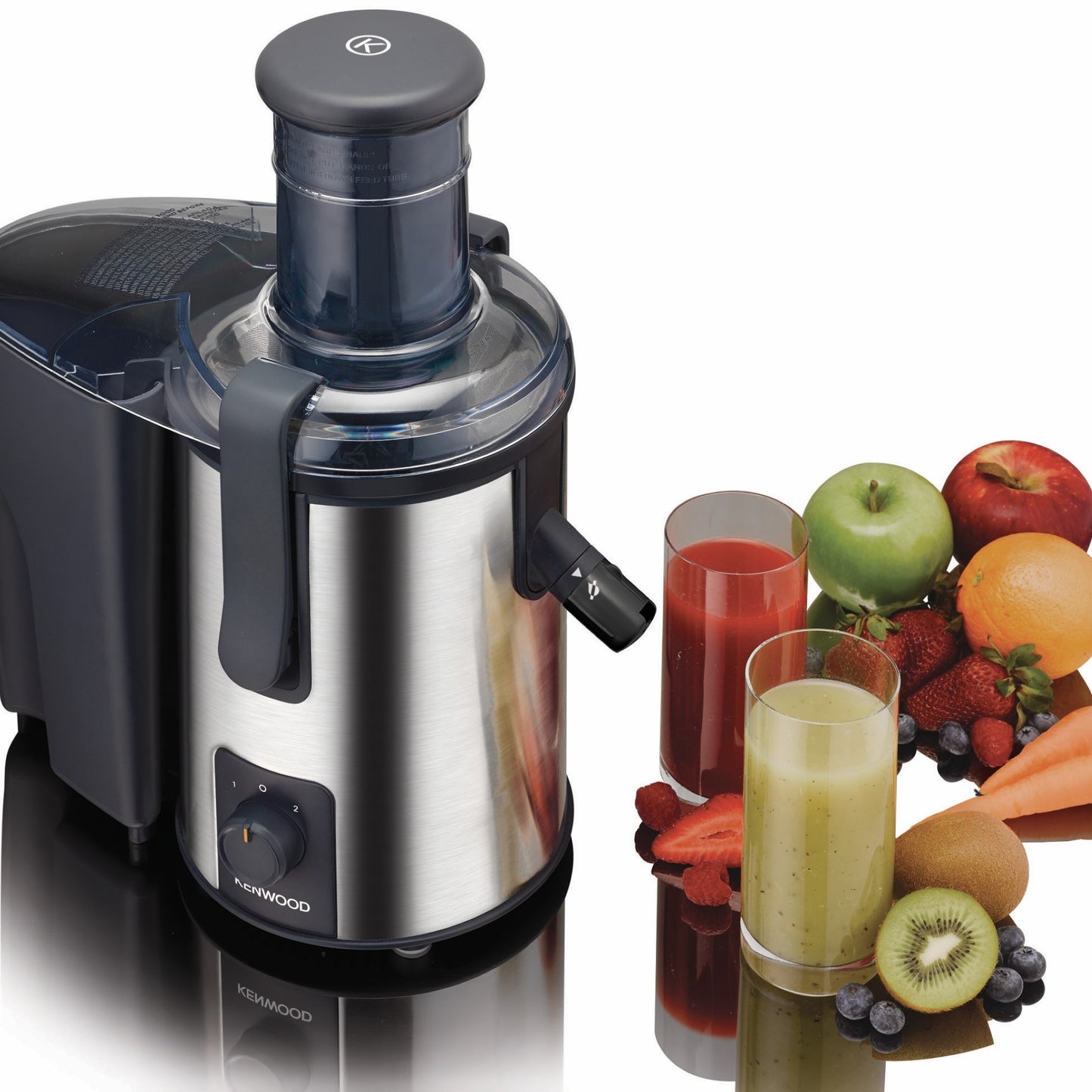 Kenwood Juicer 700W Stainless Steel Juice Extractor with 75mm Wide Feed Tube, 2 Speed, Transparent Juice Jug, Pulp Container, Anti Drip for Home, Office, Restaurant &Cafeteria JEM50.000BS Silver/Black