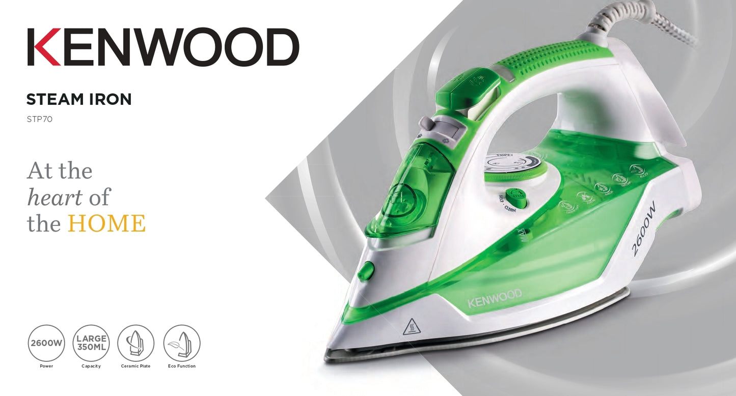 KENWOOD Steam Iron 2600W with Ceramic Soleplate, Anti-Drip, Anti-Calc, Self Clean, Continuous Steam, Burst, Spray Function STP70.000WG White/Green