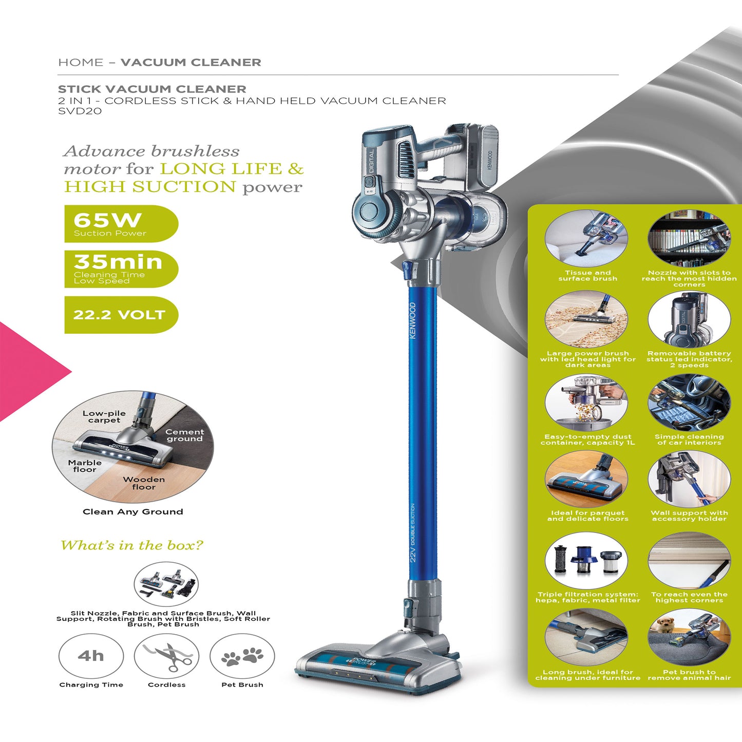 KENWOOD Cordless Vacuum Cleaner 2-in-1 Upright Stick Vacuum Cleaner + Handheld Vacuum Cleaner with 22.2V Li-ion Battery, 200W Suction Power, 35 Minutes Run Time for Multi Surface SVD20.000BL Blue