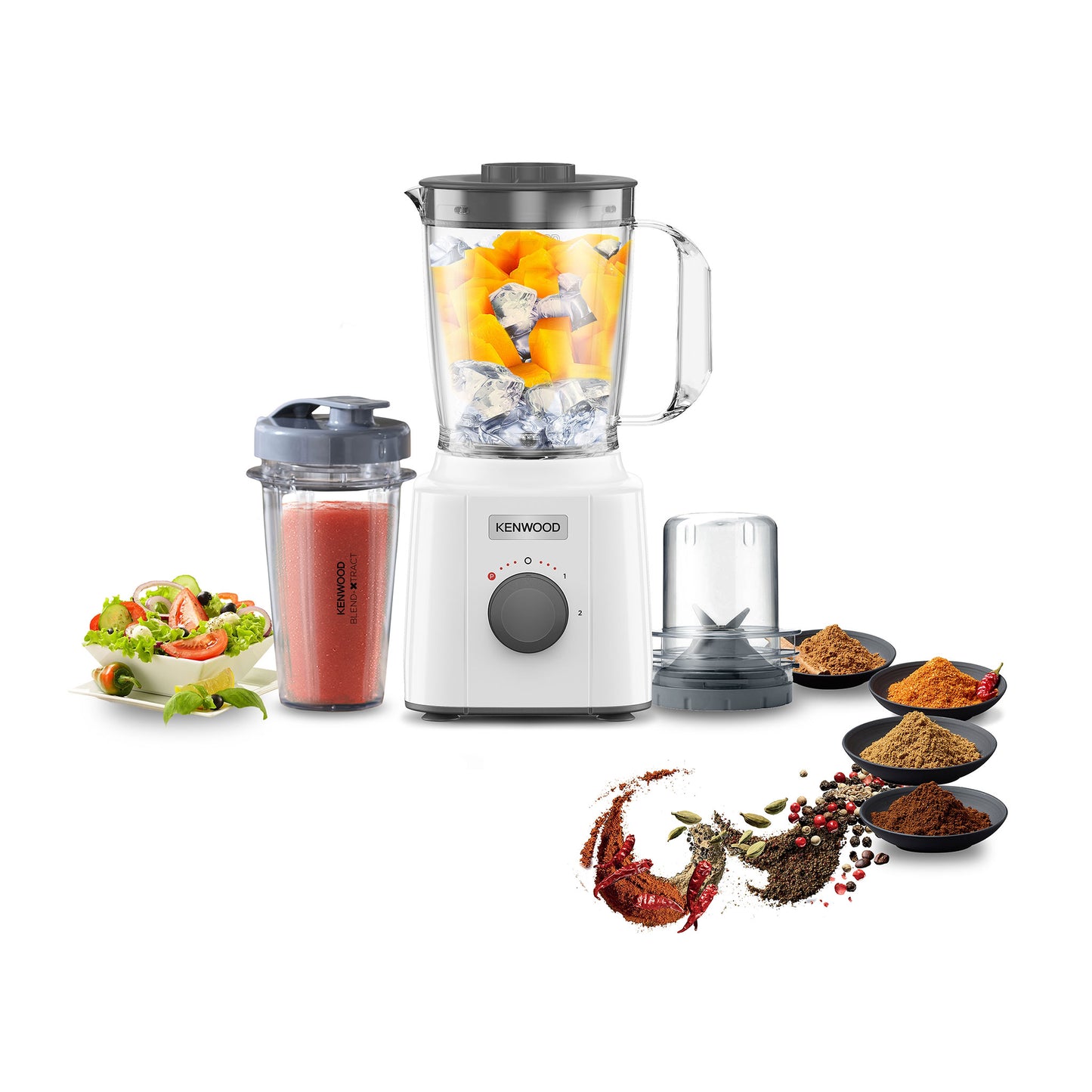 KENWOOD Blender 350W Smoothie Blender/Smoothie Maker Blend-Xtract™ (Effortless and Efficient Blending for Nutritious Blends) 1L with Multi Mill (Grinder/Chopper), Smoothie2Go Bottle BLP31.D0WG White
