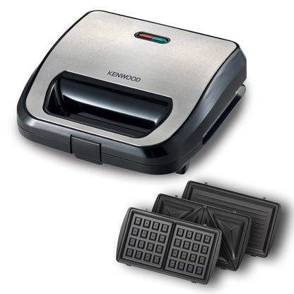 KENWOOD 3-in-1 Sandwich Maker, Waffle Maker & Grill with 3 Sets of Non Stick Multifunctional Plates for Grilling, Toasted Sandwiches and Waffles SMM02.000SI Silver/Black