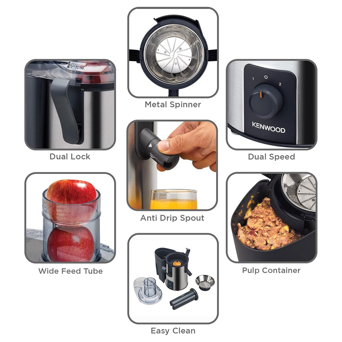 KENWOOD Juicer 700W Stainless Steel Juice Extractor with 75mm Wide Feed Tube, 2 Speed, Transparent Juice Jug, Pulp Container, Anti Drip for Home, Office, Restaurant &Cafeteria JEM51.000GS Grey/Silver