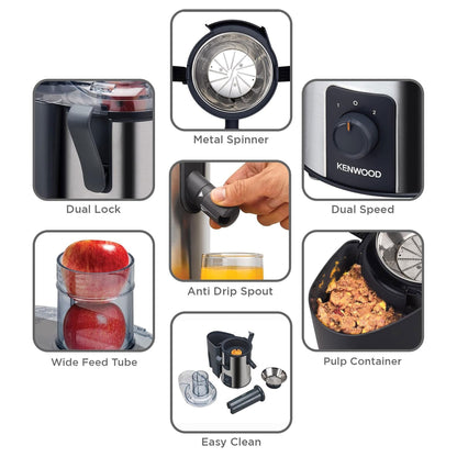 KENWOOD Juicer 700W Stainless Steel Juice Extractor with 75mm Wide Feed Tube, 2 Speed, Transparent Juice Jug, Pulp Container, Anti Drip for Home, Office, Restaurant &Cafeteria JEM51.000GS Grey/Silver