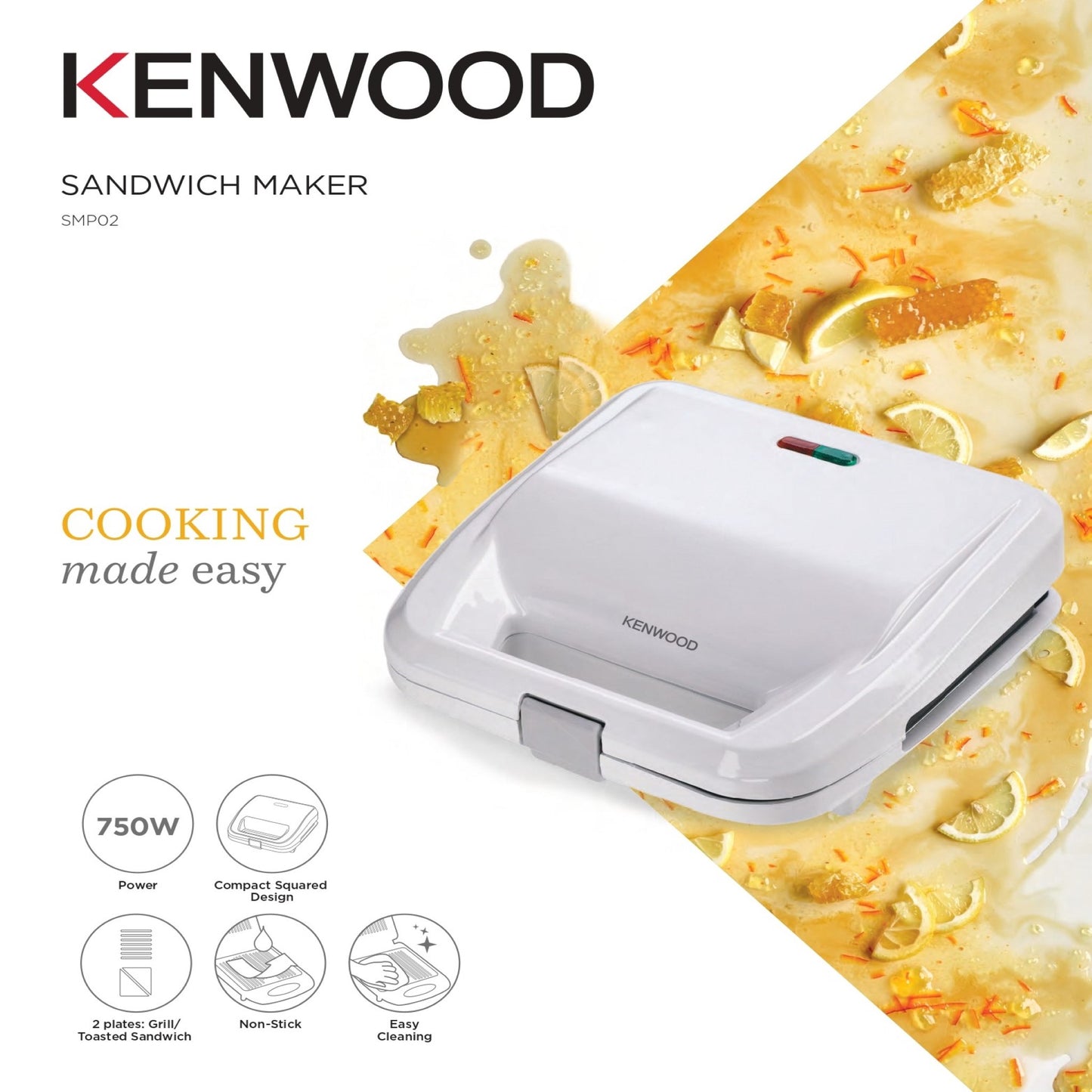 KENWOOD 2-in-1 Sandwich Maker & Grill with 2 Sets of Non Stick Multifunctional Plates for Grilling and Toasted Sandwiches SMP02.000WH White
