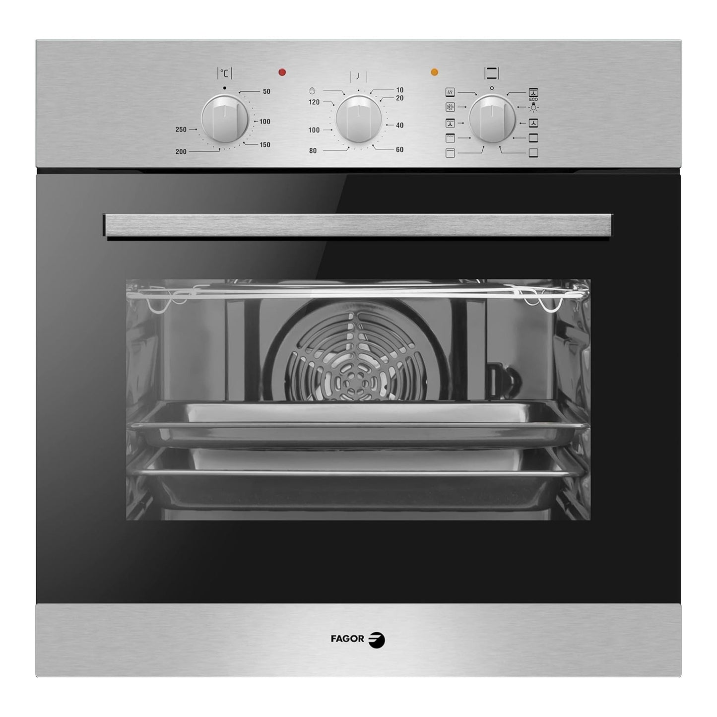 FAGOR Built-in 77 Liter Oven 9 oven functions with hot air achieves perfect baking and roasting results on up to three levels simultaneously, OE-340X
