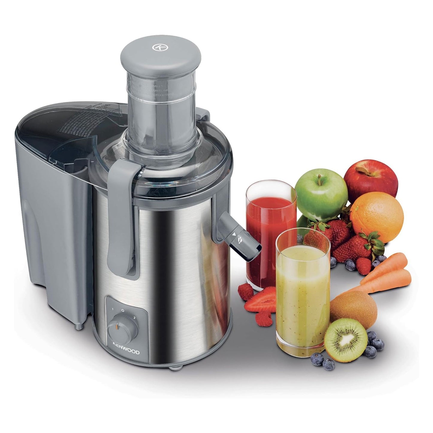 KENWOOD Juicer 700W Stainless Steel Juice Extractor with 75mm Wide Feed Tube, 2 Speed, Transparent Juice Jug, Pulp Container, Anti Drip for Home, Office, Restaurant &Cafeteria JEM51.000GS Grey/Silver