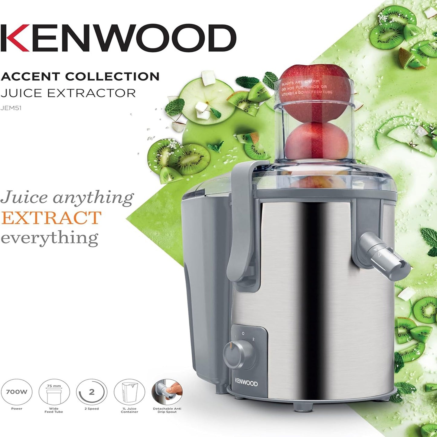 KENWOOD Juicer 700W Stainless Steel Juice Extractor with 75mm Wide Feed Tube, 2 Speed, Transparent Juice Jug, Pulp Container, Anti Drip for Home, Office, Restaurant &Cafeteria JEM51.000GS Grey/Silver