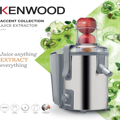 KENWOOD Juicer 700W Stainless Steel Juice Extractor with 75mm Wide Feed Tube, 2 Speed, Transparent Juice Jug, Pulp Container, Anti Drip for Home, Office, Restaurant &Cafeteria JEM51.000GS Grey/Silver