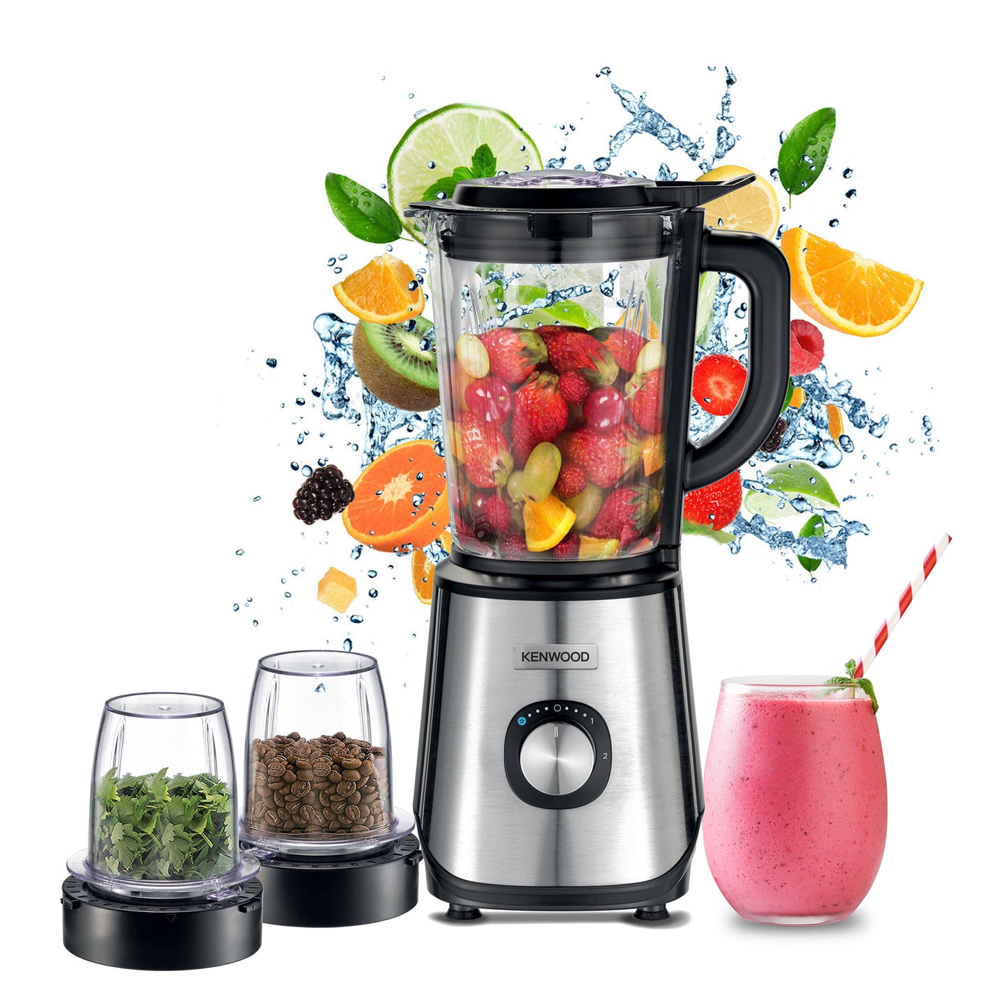 Kenwood Glass Blender 1000W Power Blender Smoothie Blender/Smoothie Maker 1.5L with Grinder Mill, Chopper Mill, Ice Crush Function BLM45.720SS Black/Silver