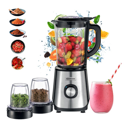 Kenwood Glass Blender 1000W Power Blender Smoothie Blender/Smoothie Maker 1.5L with Grinder Mill, Chopper Mill, Ice Crush Function BLM45.720SS Black/Silver