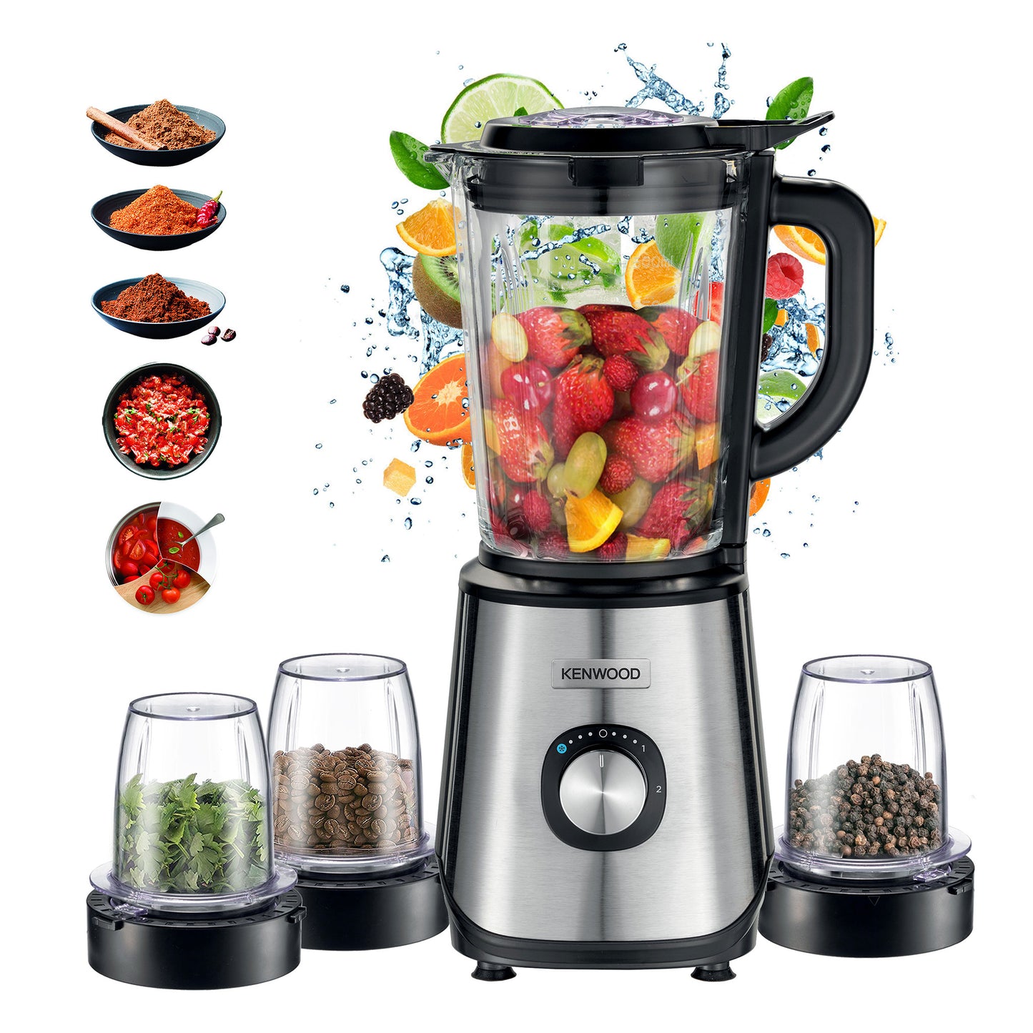 KENWOOD Glass Blender 1000W Power Blender Smoothie Blender/Smoothie Maker 1.5L with 2 Grinder Mills, Chopper Mill, Ice Crush Function BLM45.880SS Black/Silver