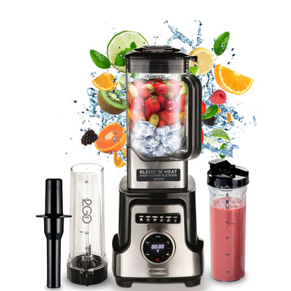 KENWOOD Premium Power Blender 1500W Smoothie Soup with 2L Tritan Jar, 2 Smoothie2Go Bottles, Heating Function for Soup, 10 Speed+6 Preset Programs, Ice Crush BLM92.920SS Silver
