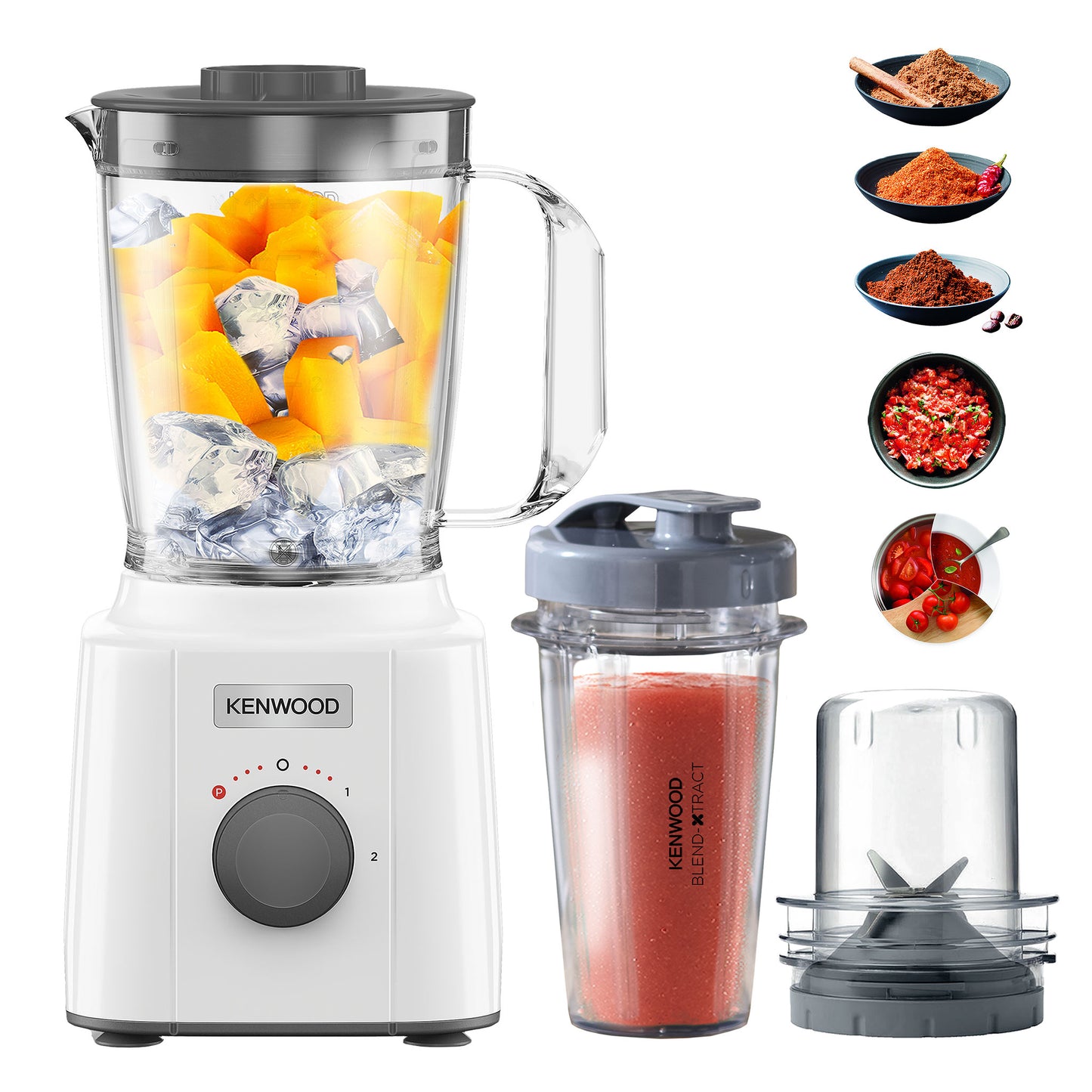 KENWOOD Blender 350W Smoothie Blender/Smoothie Maker Blend-Xtract™ (Effortless and Efficient Blending for Nutritious Blends) 1L with Multi Mill (Grinder/Chopper), Smoothie2Go Bottle BLP31.D0WG White