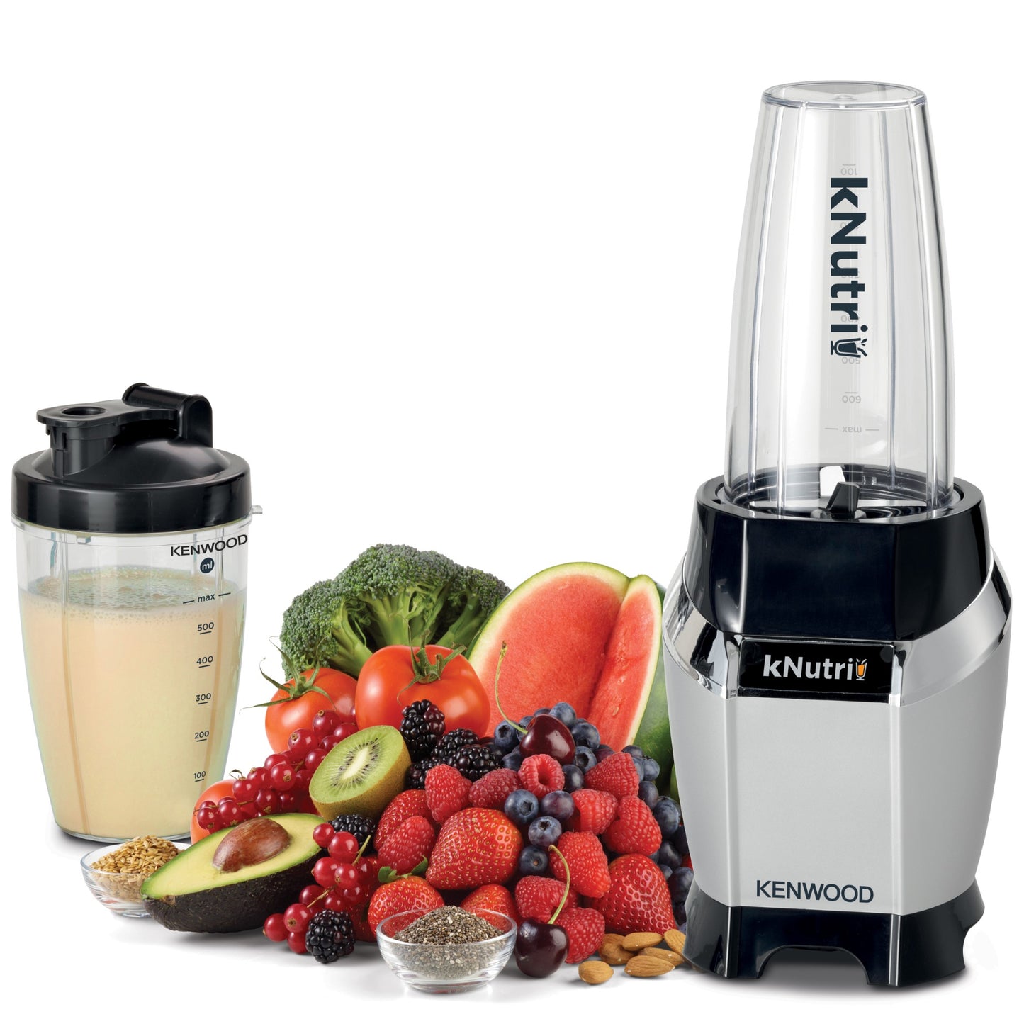 Kenwood Personal Blender 600W Smoothie Blender/Smoothie Maker With 700Ml & 600Ml Tritan Smoothie2Go Bottle And Lid, Ice Crush Function BSP70.180SI Black/Silver