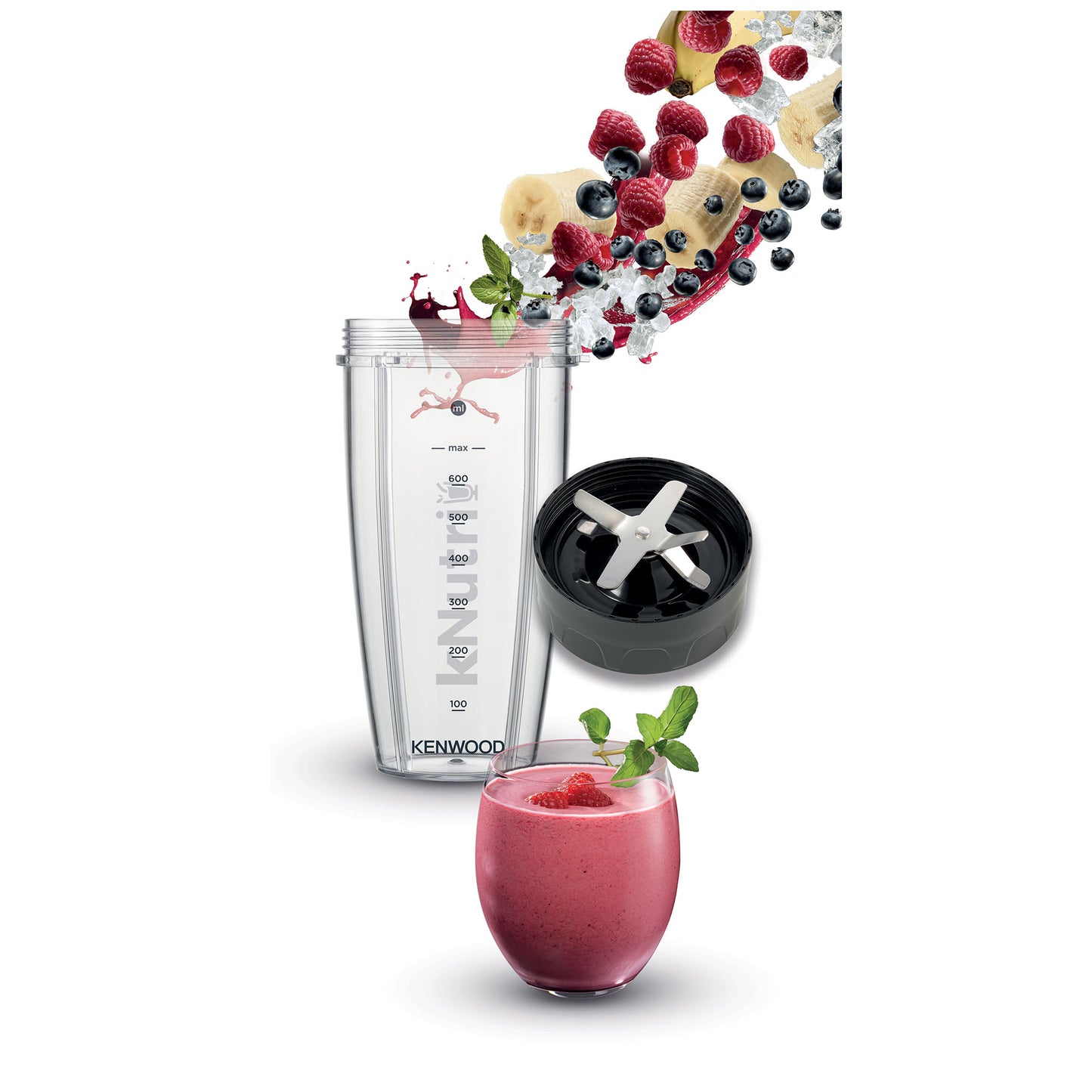 KENWOOD Personal Blender 600W Smoothie Blender/Smoothie Maker 600W with 2 x 700ml & 600ml Tritan Smoothie2Go Bottle and Lid, Ice Crush Function BSP70.560SI Black/Silver