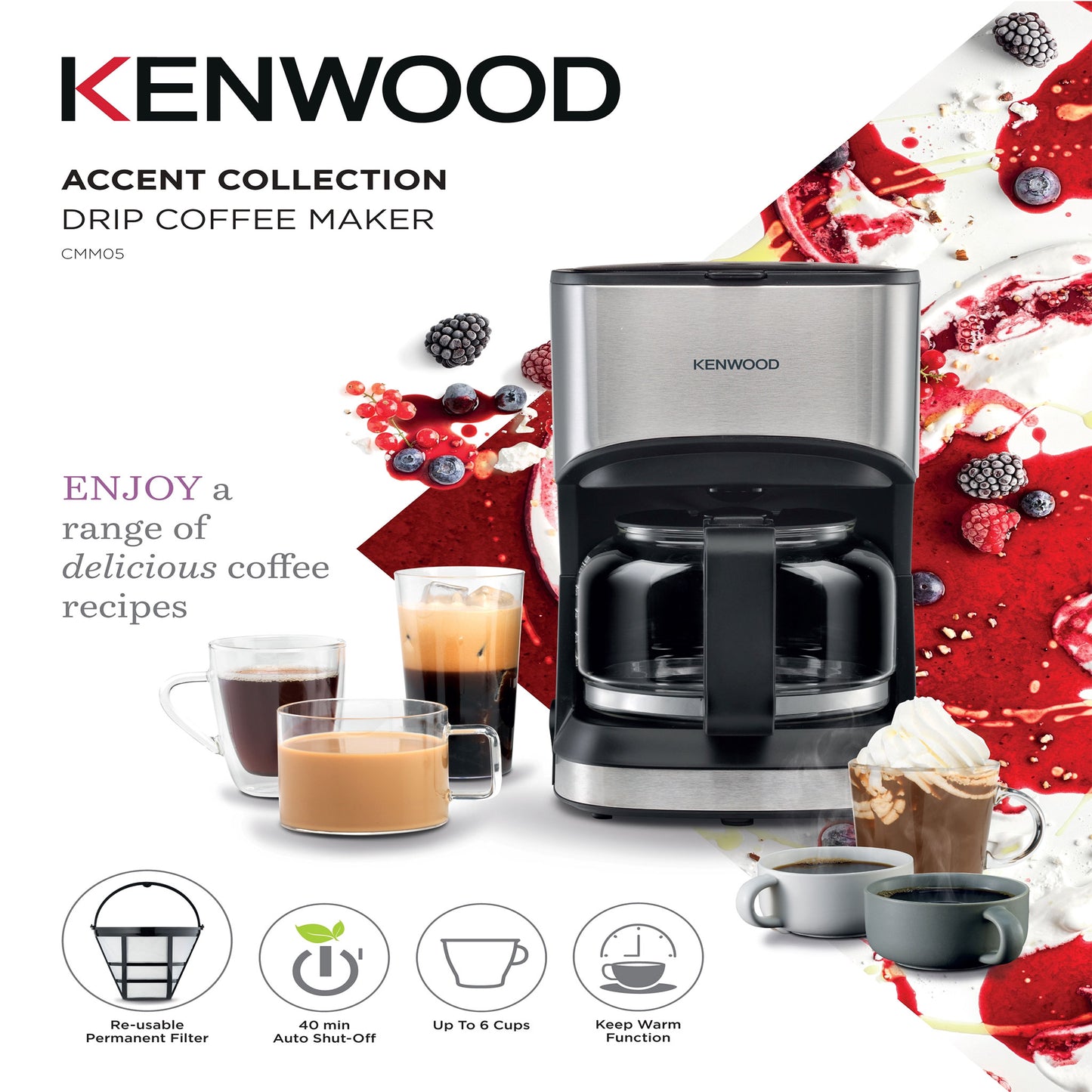 KENWOOD Coffee Machine Up To 6 Cup Coffee Maker for Drip Coffee and Americano 550W 40 Min Auto Shut Off, Reusable Filter, Anti Drip Feature, Warming Plate and Easy to Clean CMM05.000BM Black/Silver