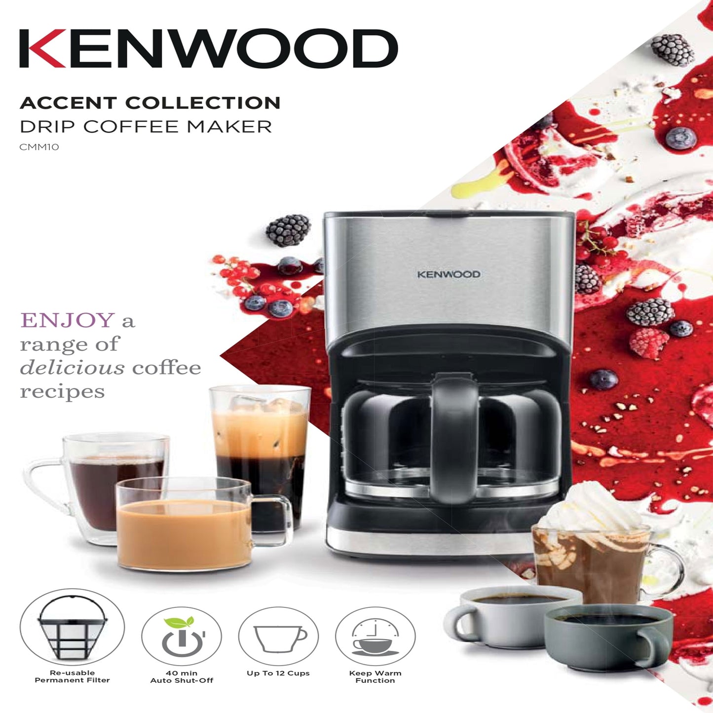 Kenwood Coffee Machine Up To 12 Cup Coffee Maker For Drip Coffee And Americano 900W 40 Min Auto Shut Off, REUSable Filter, Anti Drip Feature, Warming Plate And Easy To Clean Cmm10.000Bm Black/Silver