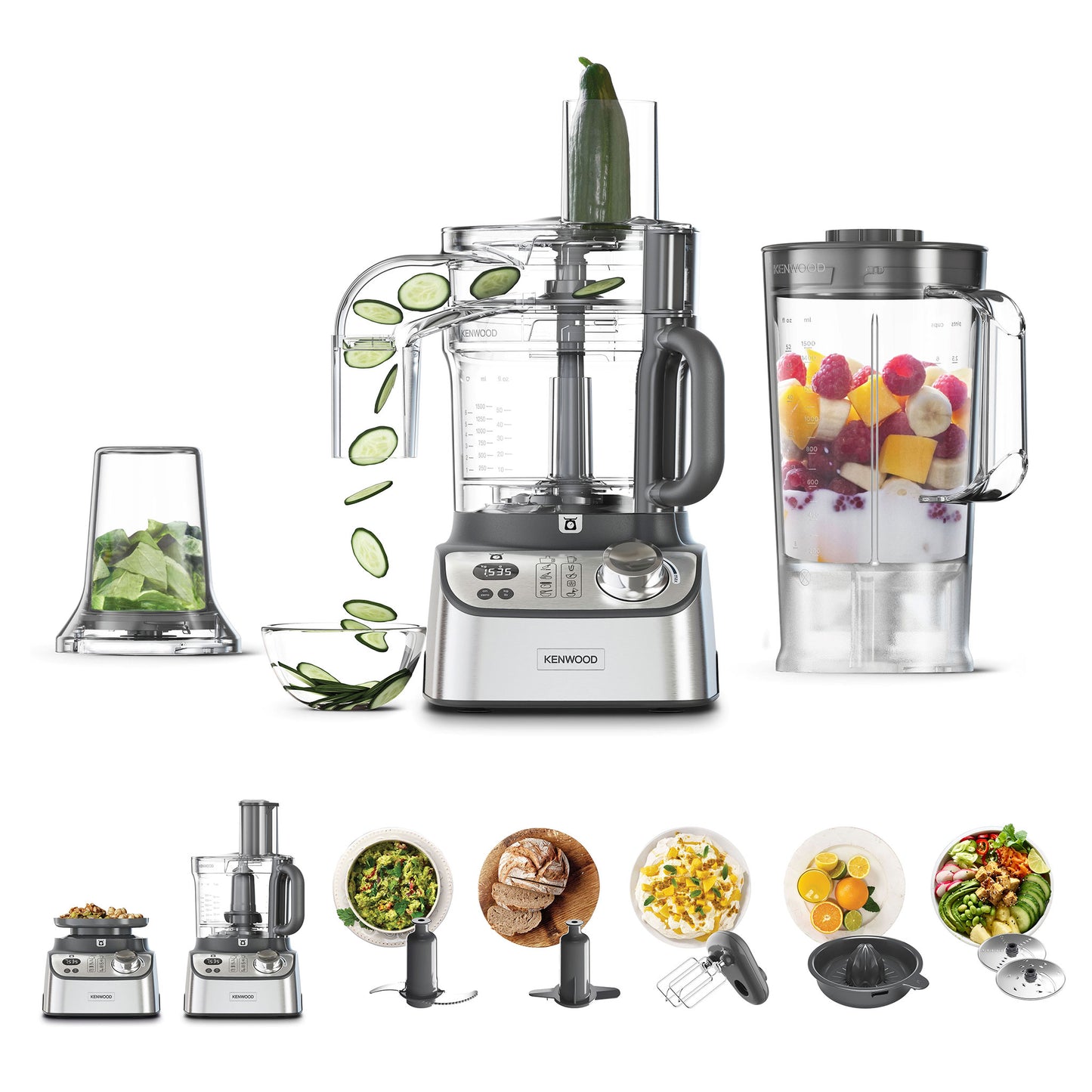 Kenwood Food Processor 1000W With Blender, Grinder Mill, Dual Metal Whisk, Dough Maker, Citrus Juicer, Express Serve/Salad Kitchen Scale/Weighing Tray FDM71.690SS Silver