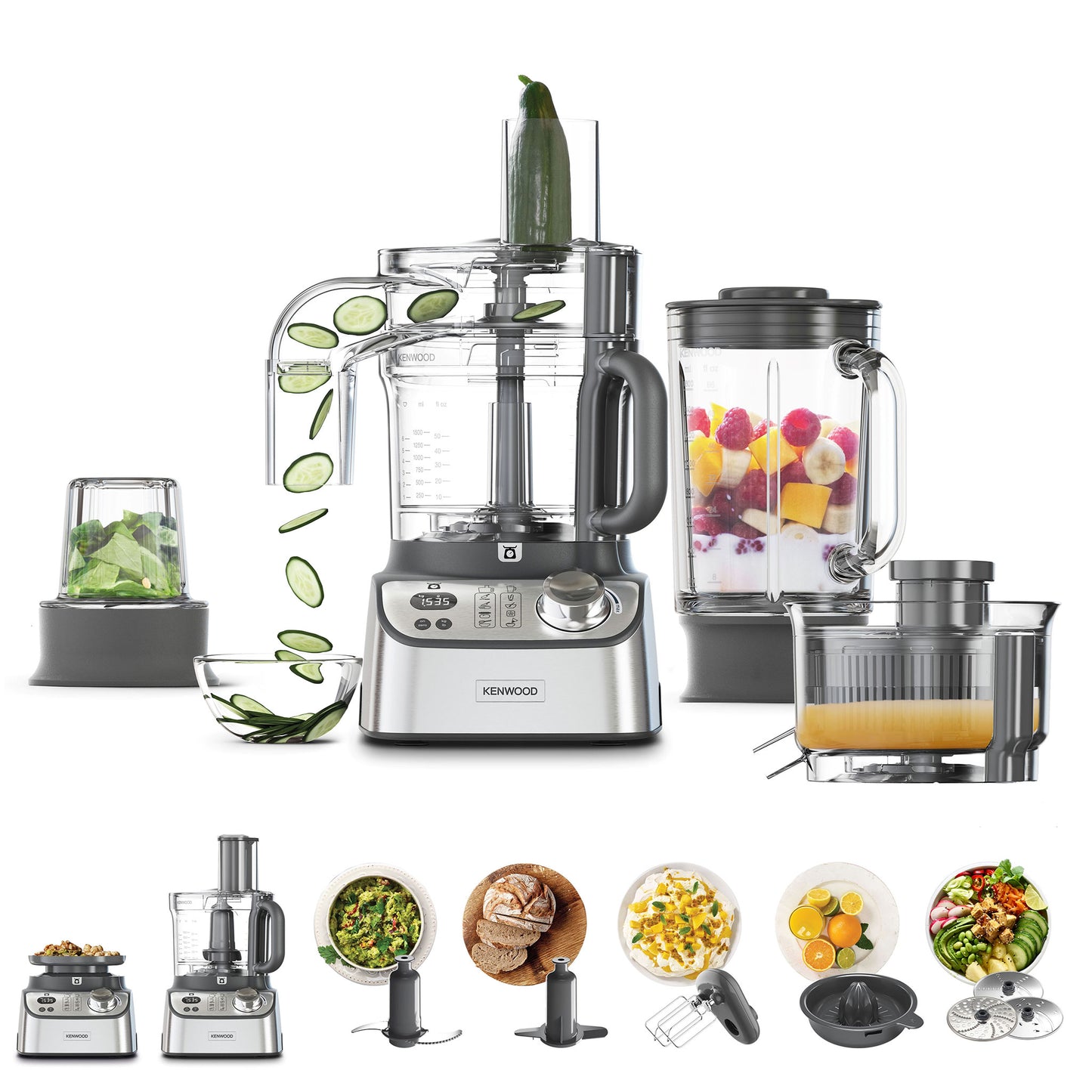 Kenwood Food Processor 1000W With Glass Blender, Glass Mill, Juicer Extractror, Dual Metal Whisk, Dough Maker, Citrus Juicer, Express Serve/Salad Maker, Kitchen Scale/Weighing Tray Fdm71.980Ss Silver