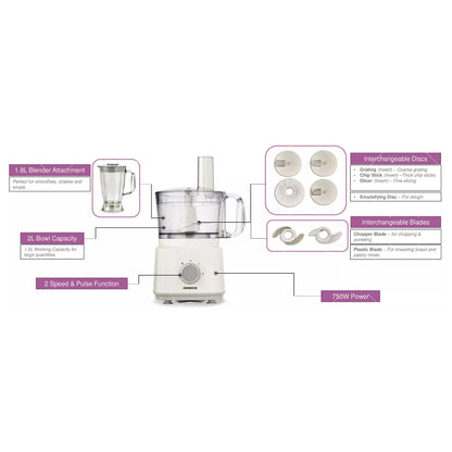 Kenwood Food Processor 750W Multi-Functional With 3 Interchangeable Disks, Blender, Whisk, Dough Maker Fdp03 White