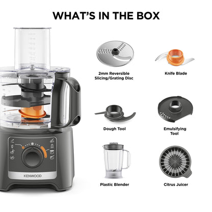 KENWOOD Food Processor 800W Multi-Functional with Blender, Citrus Juicer, Reversible Slicing/Grating Disk, Emulsifying Disk for Whisking, Dough Maker, Knife Blade FDP31.270GY Grey