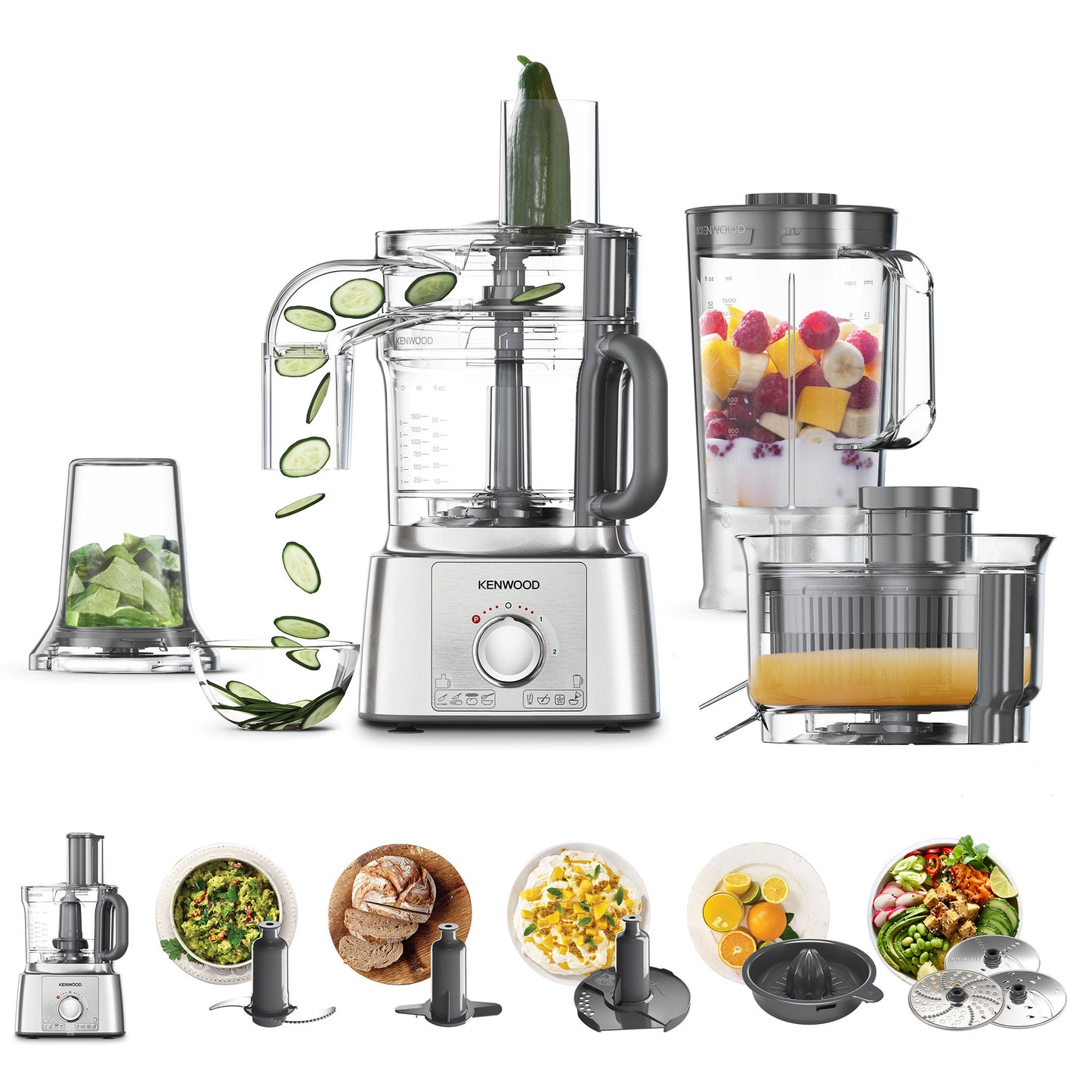 Kenwood Food Processor 1000W Multi-Functional With 3 Stainless Steel Disks, Blender, Grinder Mill, Juicer Extractor, Whisk, Dough Maker, Citrus Juicer, Express Serve/Salad Maker FDP65.880SI Silver
