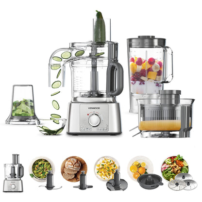 Kenwood Food Processor 1000W Multi-Functional With 3 Stainless Steel Disks, Blender, Grinder Mill, Juicer Extractor, Whisk, Dough Maker, Citrus Juicer, Express Serve/Salad Maker FDP65.880SI Silver