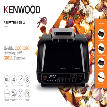 KENWOOD Grill AirFryer 2-in-1 (Air Fryer + Grill) with XXXL 8L Basket, 4 Grill Levels, 8 Preset Functions - Grill, Air Crisp, Roast, Bake, Pizza, Reheat, Dehydrate & Manual Function GHF40.000BK Black