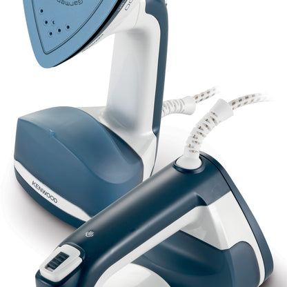 KENWOOD 2-in-1 Garment Steamer + Steam Iron 1000W with Rotary Plate, Ceramic Soleplate, LED Light GSP40.000WB White/Blue