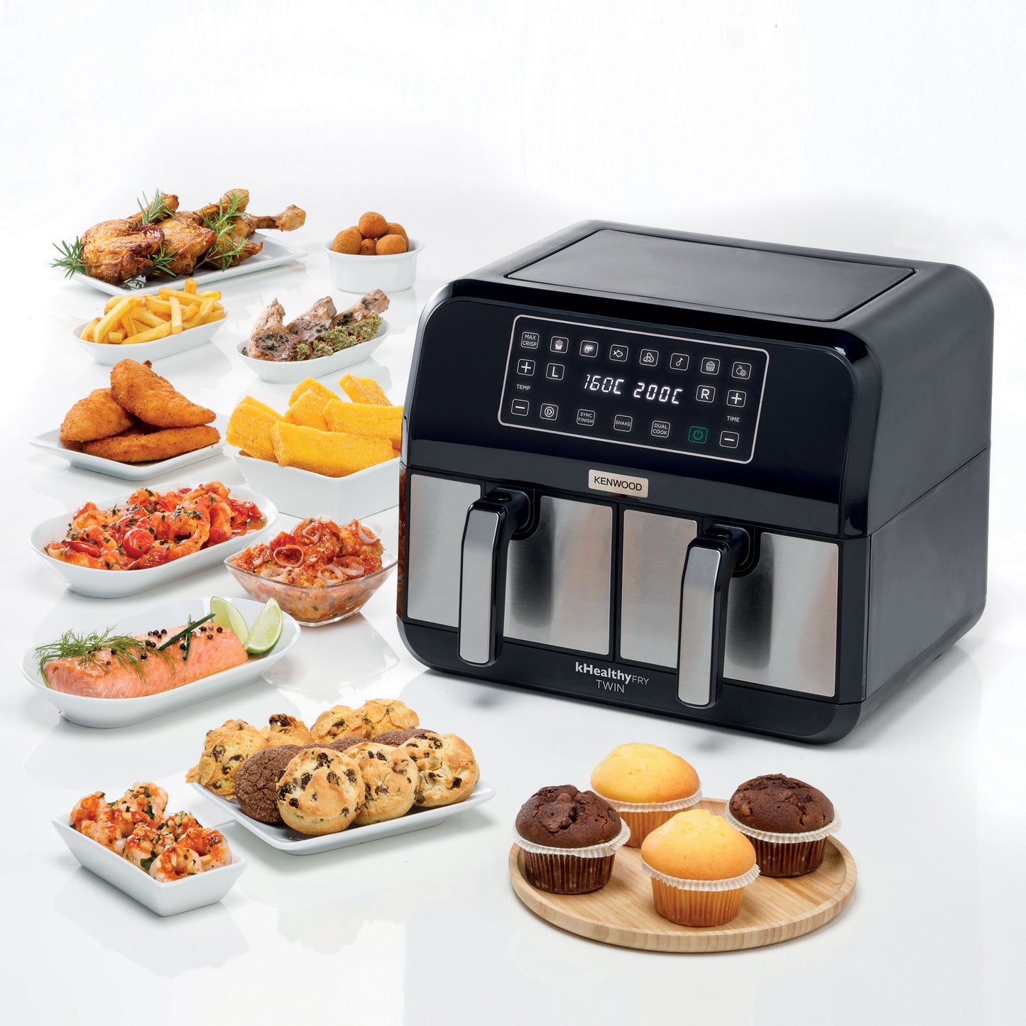 KENWOOD Digital Twin Air Fryer 1.7KG+1.7KG 4L+4L XXXL Capacity with DualZone Technology & Dual Frying Baskets for Frying, Grilling, Broiling, Roasting, Baking, Toasting & Reheating HFM75.000MB Black