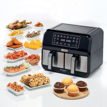 KENWOOD Digital Twin Air Fryer 1.7KG+1.7KG 4L+4L XXXL Capacity with DualZone Technology & Dual Frying Baskets for Frying, Grilling, Broiling, Roasting, Baking, Toasting & Reheating HFM75.000MB Black