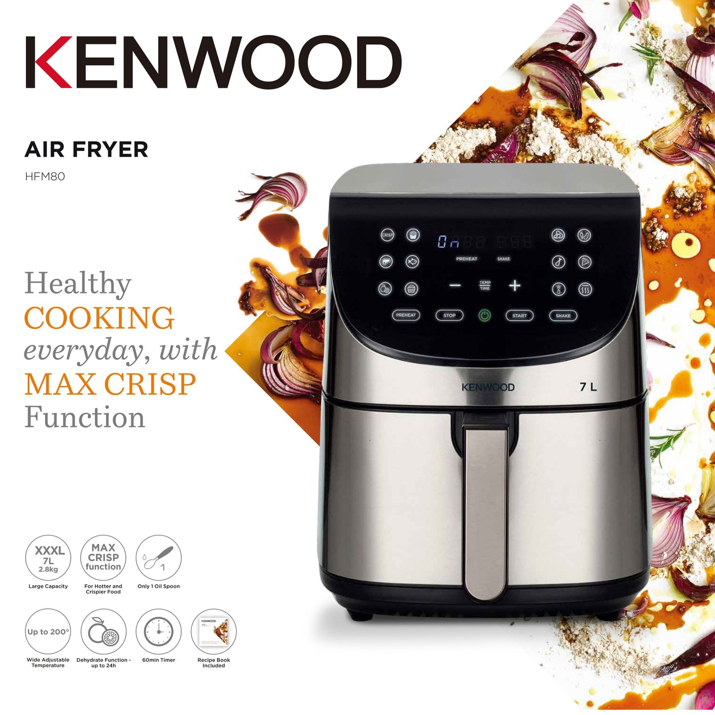 KENWOOD Digital Air Fryer XXXL 7L 2.8KG 1800W with Max Crisp Function, Recipe Book, Rapid Hot Air Circulation for Frying, Grilling, Broiling, Roasting, Baking and Toasting HFM80.000SS Silver/Black