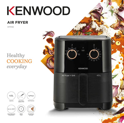 KENWOOD Airfryer + Grill XL 4.5L 1300W Air Fryer with Grill Function, Recipe Book, Rapid Hot Air Circulation for Frying, Grilling, Broiling, Roasting, Baking and Toasting HFP40.000BK Black