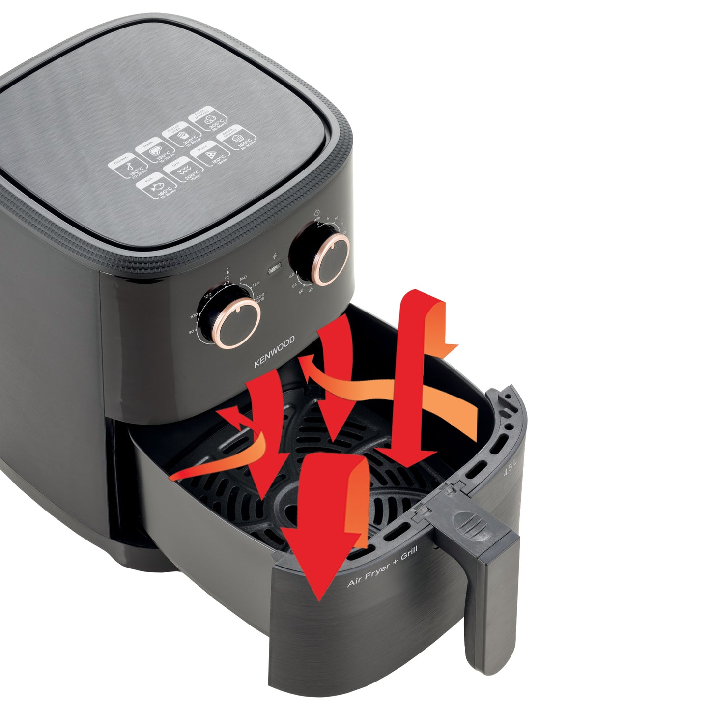 KENWOOD Airfryer + Grill XL 4.5L 1300W Air Fryer with Grill Function, Recipe Book, Rapid Hot Air Circulation for Frying, Grilling, Broiling, Roasting, Baking and Toasting HFP40.000BK Black