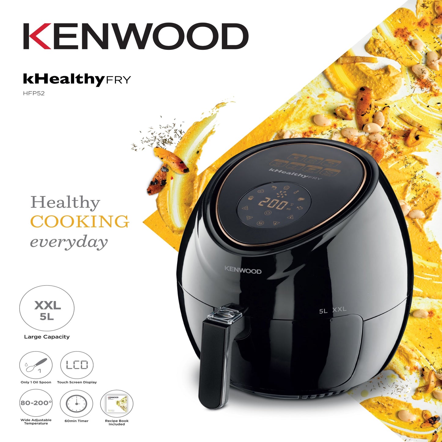 Kenwood HFP52 Series Digital Air Fryer – 5 L Capacity | Approx. 1500 W | Available in Black (HFP52.000BK) & White (HFP52.000WH)