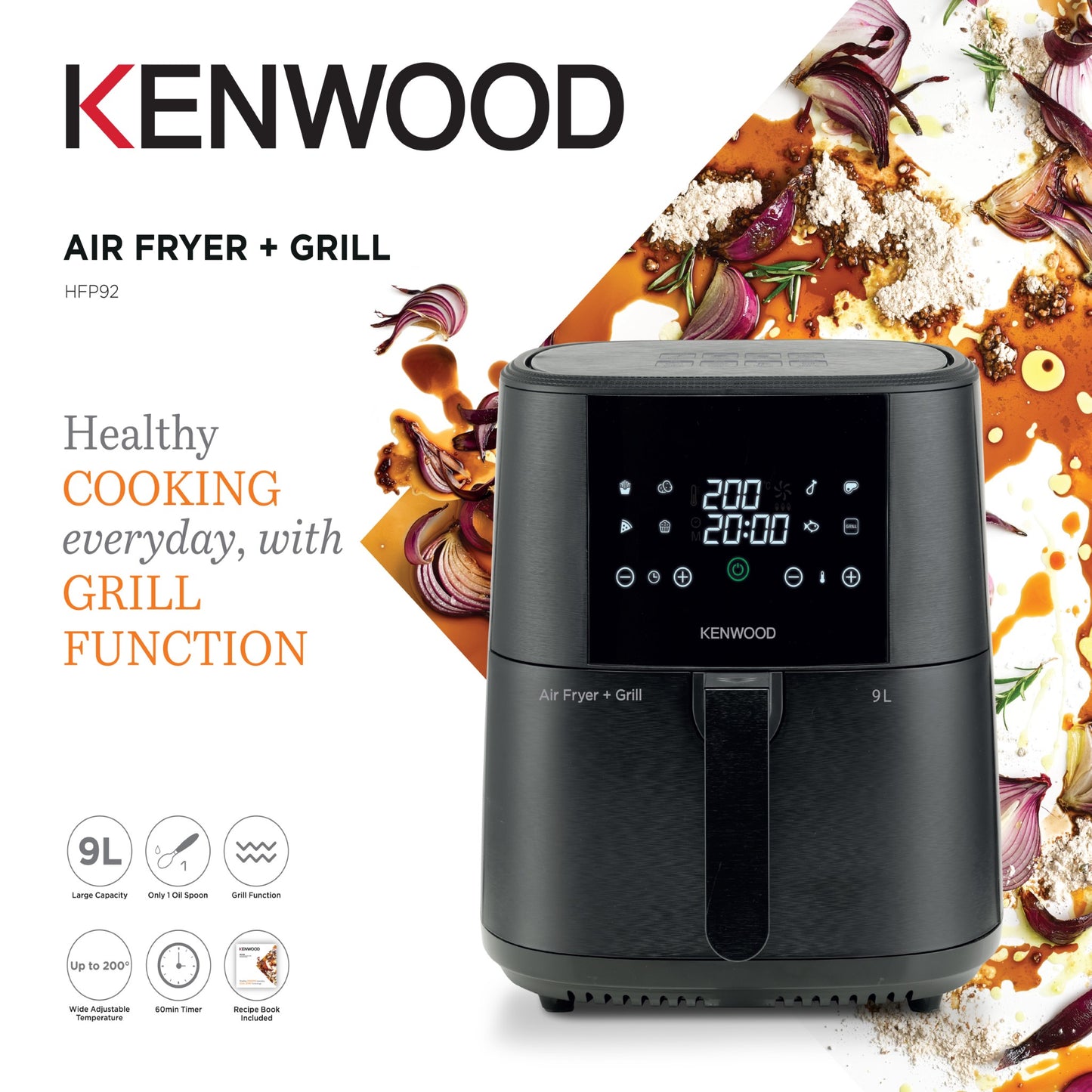 Kenwood 9L Air Fryer with Grill Function -1,500 W HFP92.000BK  Black Finish