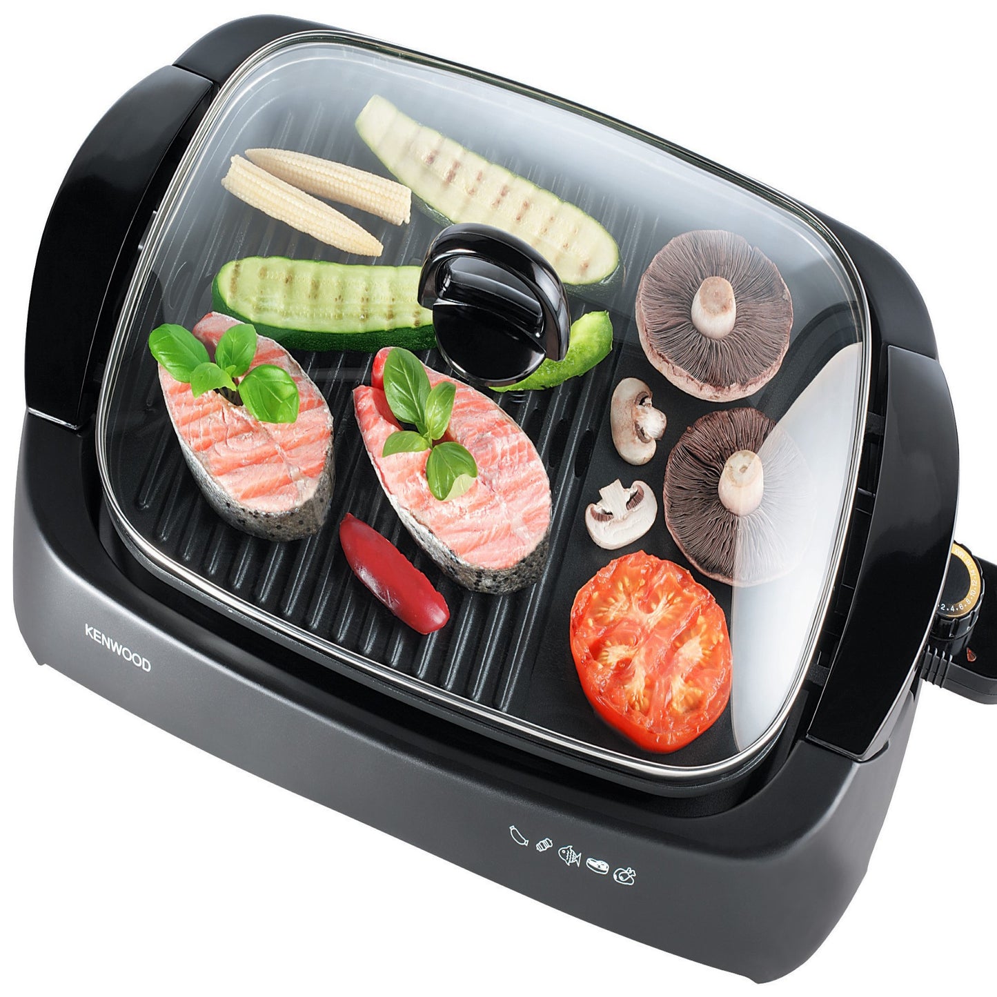 KENWOOD Grill 1700W Contact Health Large Family Sized Griddle with Glass Lid, Variable Temperature Control, Cool Touch Handles - Ideal for Steak, Chicken, Fish, Vegetables HG230 Black