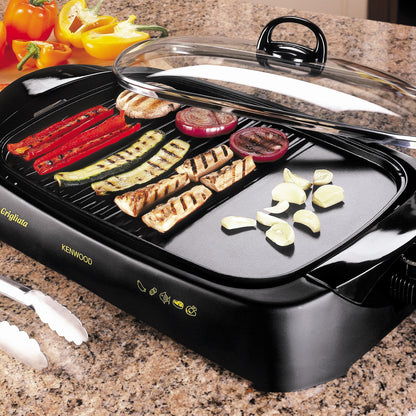 KENWOOD Grill 1700W Contact Health Large Family Sized Griddle with Glass Lid, Variable Temperature Control, Cool Touch Handles - Ideal for Steak, Chicken, Fish, Vegetables HG230 Black