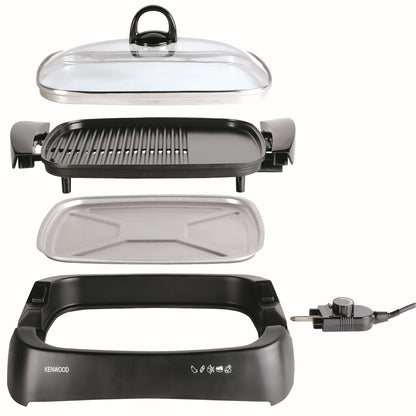 KENWOOD Grill 1700W Contact Health Large Family Sized Griddle with Glass Lid, Variable Temperature Control, Cool Touch Handles - Ideal for Steak, Chicken, Fish, Vegetables HG230 Black
