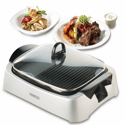 KENWOOD Grill 2000W Contact Health Grill Large Family Sized Griddle with Glass Lid, Variable Temperature Control, Cool Touch Handles - Ideal for Steak, Chicken, Fish, Vegetables HG266 Silver/Black
