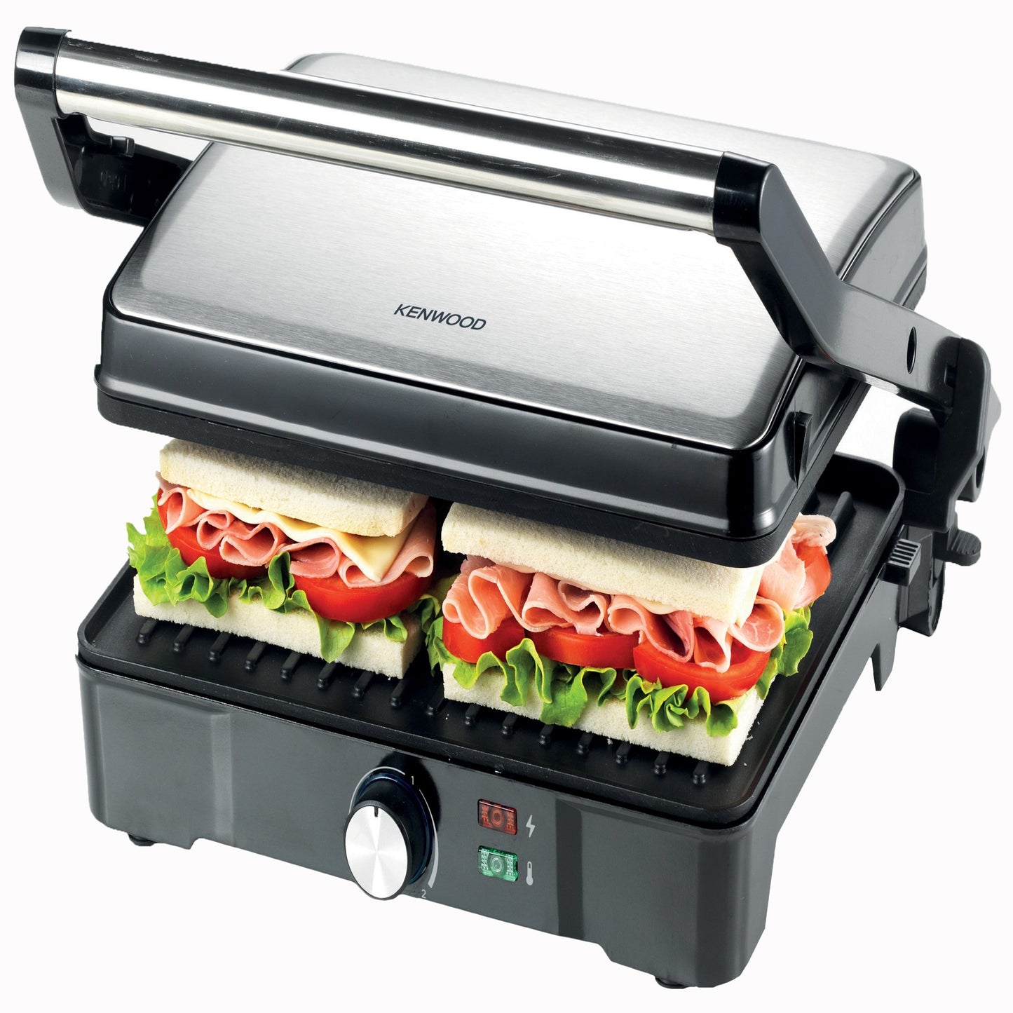 KENWOOD Grill 2000W Contact Health Grill Panini Press with Variable Temperature, 3 Grill Positions for Panini, Burger, Sandwich, Pizza, Steak, Chicken, Fish, Vegetables HGM31.000SI Black/Silver