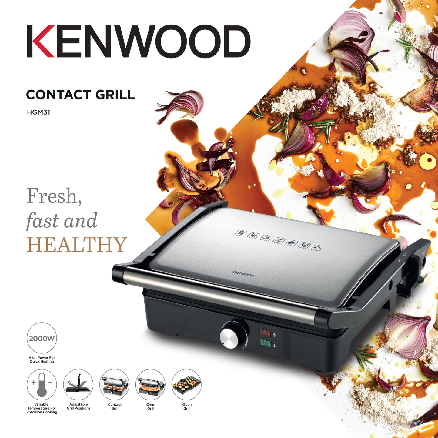 KENWOOD Grill 2000W Contact Health Grill Panini Press with Variable Temperature, 3 Grill Positions for Panini, Burger, Sandwich, Pizza, Steak, Chicken, Fish, Vegetables HGM31.000SI Black/Silver