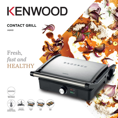 KENWOOD Grill 2000W Contact Health Grill Panini Press with Variable Temperature, 3 Grill Positions for Panini, Burger, Sandwich, Pizza, Steak, Chicken, Fish, Vegetables HGM31.000SI Black/Silver