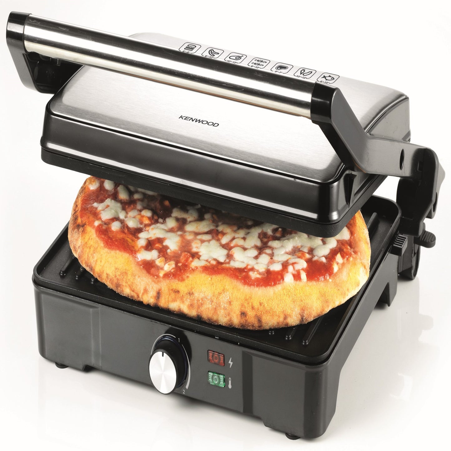 KENWOOD Grill 2000W Contact Health Grill Panini Press with Variable Temperature, 3 Grill Positions for Panini, Burger, Sandwich, Pizza, Steak, Chicken, Fish, Vegetables HGM31.000SI Black/Silver