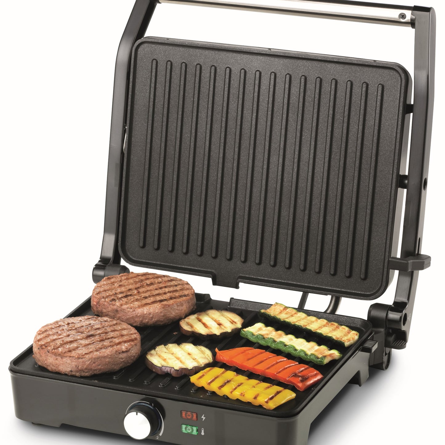 KENWOOD Grill 2000W Contact Health Grill Panini Press with Variable Temperature, 3 Grill Positions for Panini, Burger, Sandwich, Pizza, Steak, Chicken, Fish, Vegetables HGM31.000SI Black/Silver